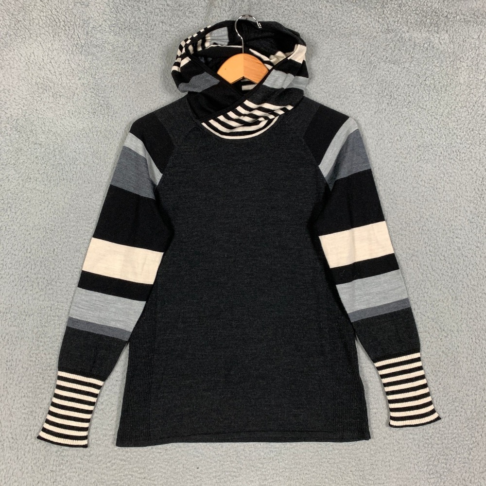 Smartwool Merino Palisade Trail Hoodie Women's XL Grey Striped Wool Funnel Neck